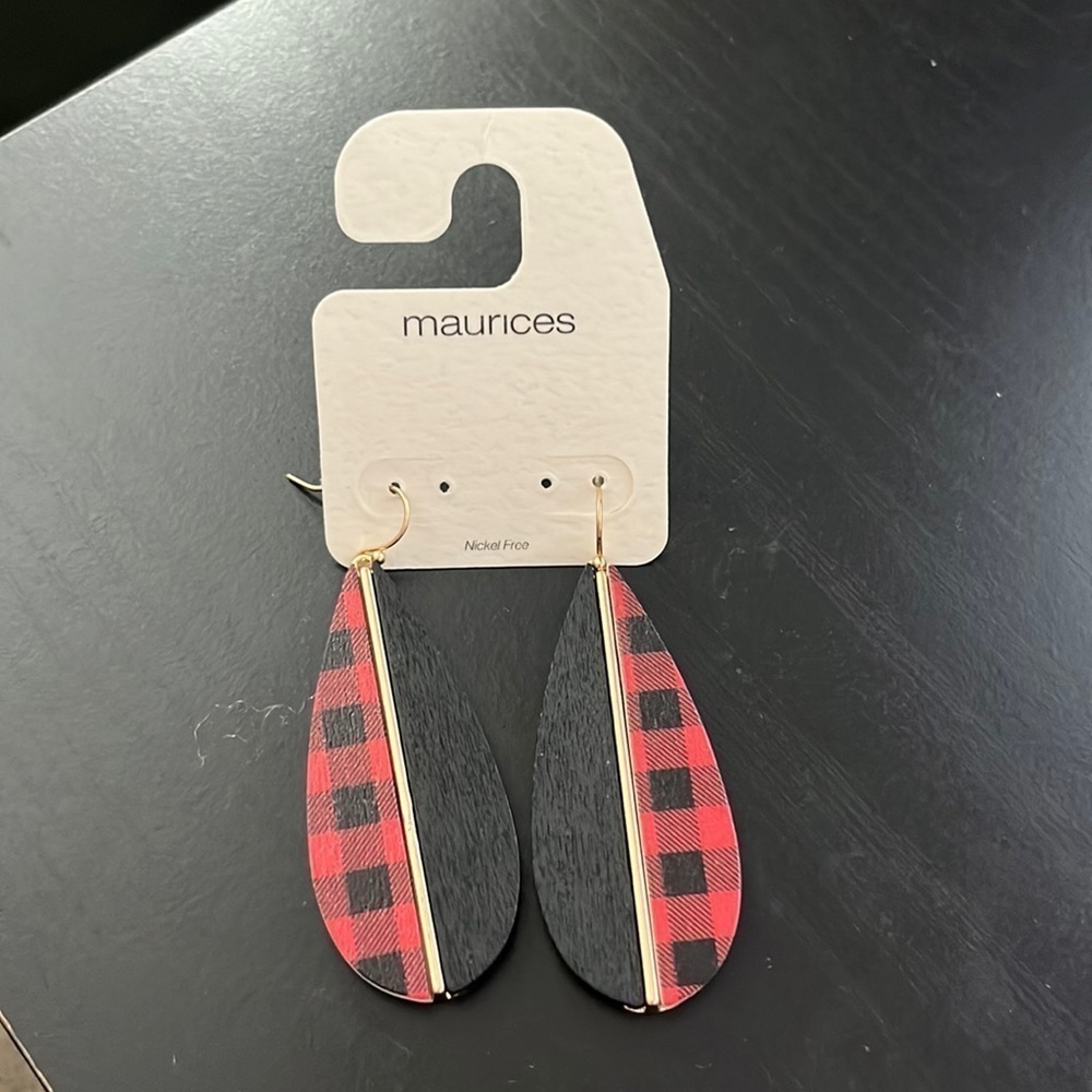 Maurice's Buffalo Plaid Red, Black & Gold Dangle Earrings‎ NEW